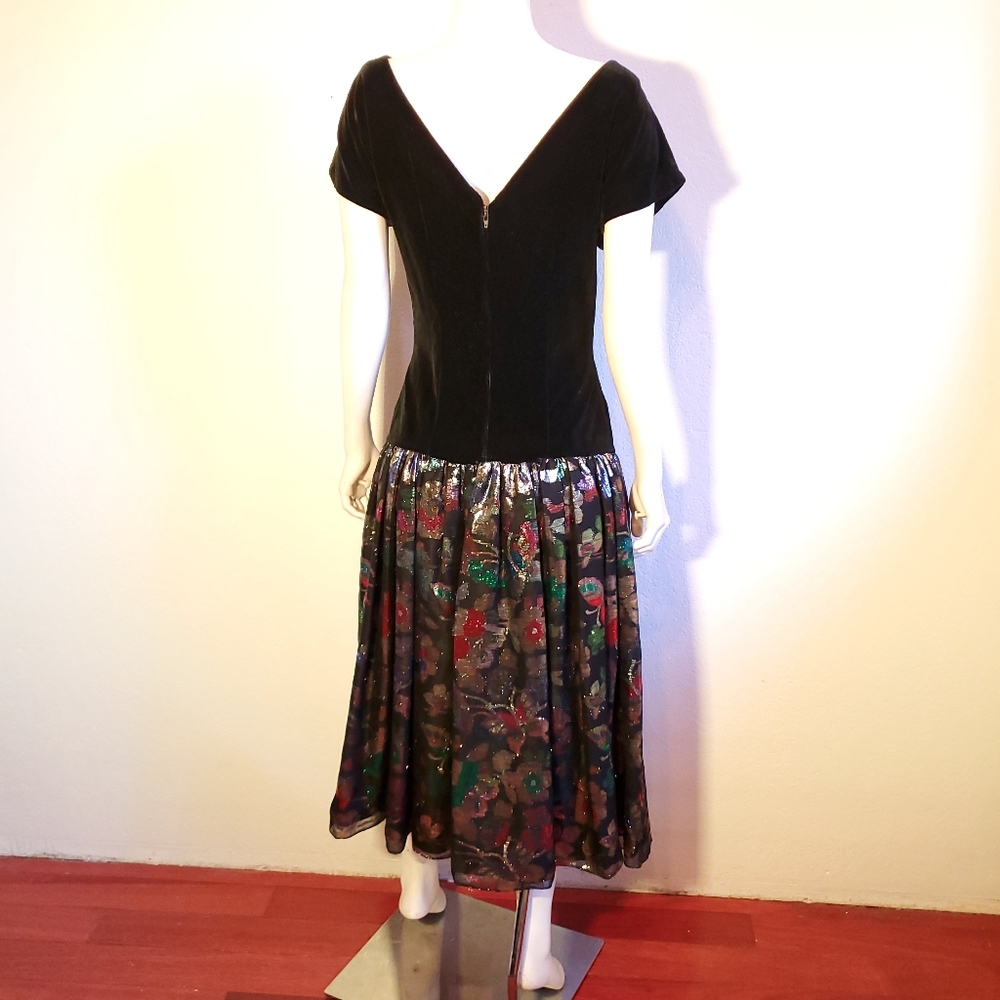 Vintage Velvet 80s Dropwaist Metallic Dress